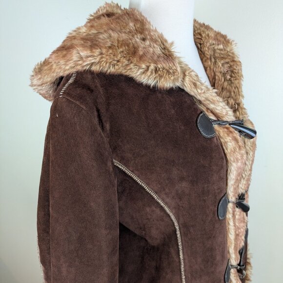 Vintage Y2K Penny Lane Suede Guess Hoodie Hooded Coat w/ Faux Fur Lining L - Picture 4 of 11